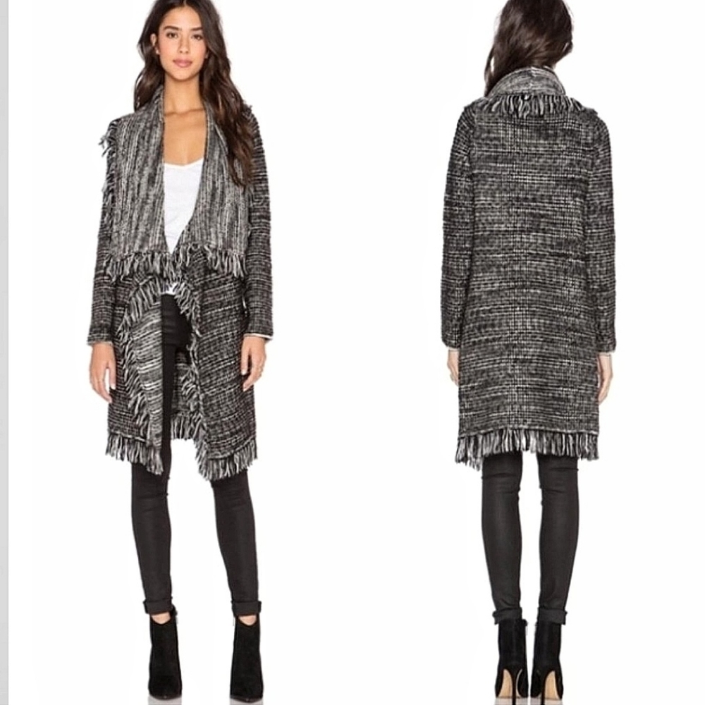 Vince Fringe Wool Lamb Leather Oversized Heathered Boucle Knit Sweater Coat